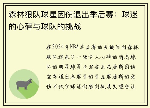 森林狼队球星因伤退出季后赛：球迷的心碎与球队的挑战